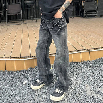 AIDASE  -  Fashion Men's Jeans Lightning Crack Print Washed Slim Fit Design Versatile Straight Slightly Flared Denim Pants 21E6876 aidase-shop